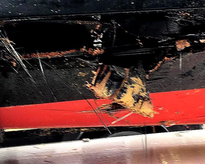 The damage - Lumix 18ft Skiff hull - 2017 JJ Giltinan Championship © Frank Quealey